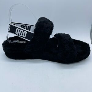 UGG Women's Fluff Shearling Oh Yeah Logo Lamb Fur Slide US 10 Black Platform